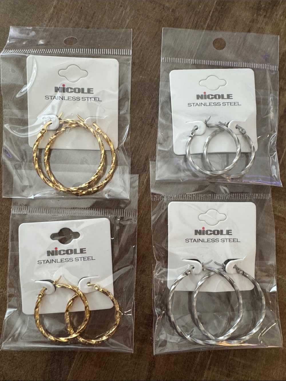 4 pc - Nicole Gold and Silver Twisted Hoop Earrings Set - Stainless Steel